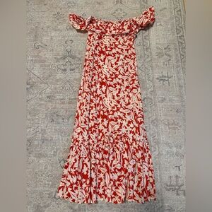 RIXO Red and White Off-Shoulder Floral Maxi Dress